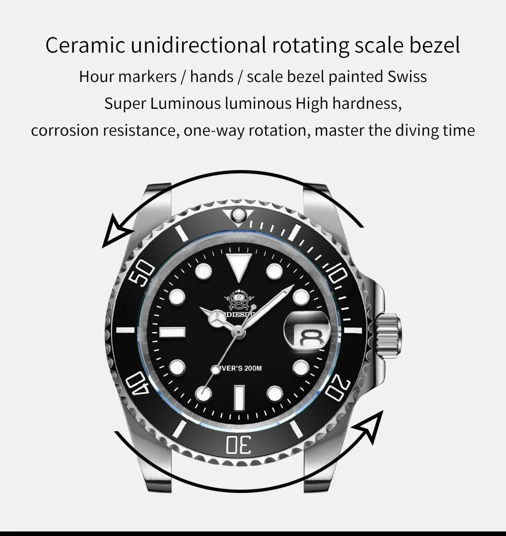 ADDIESDIVE 41mm Men's Diver Quartz Watch Domed Glass Ceramic Bezel Wristwatch Waterproof 200m Super Luminous Stainless Watches